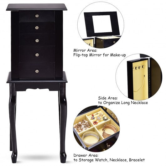 Jewelry Cabinet Armoire Storage Chest Stand Organizer W/Mirror Black